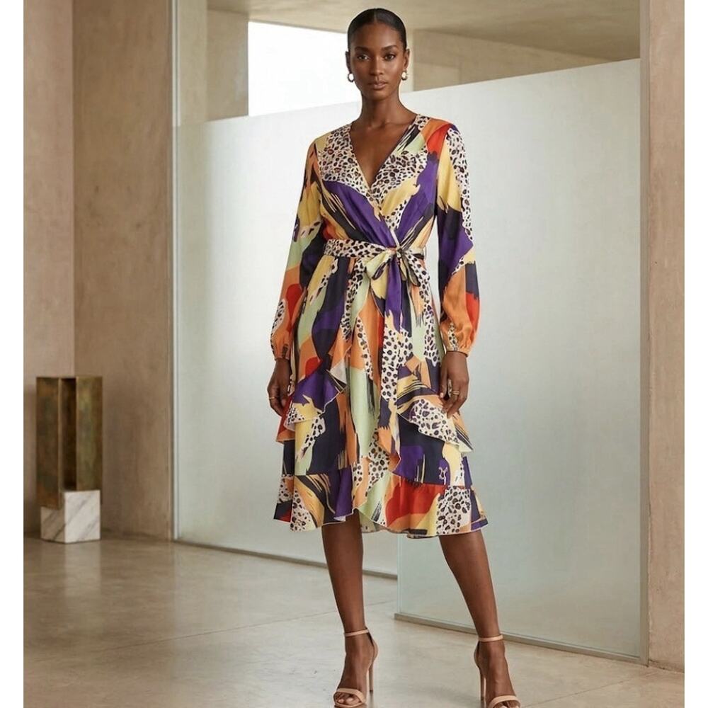 Boho Animal/Color Splashed Puff Sleeve Belted Mini Dress Size XXL